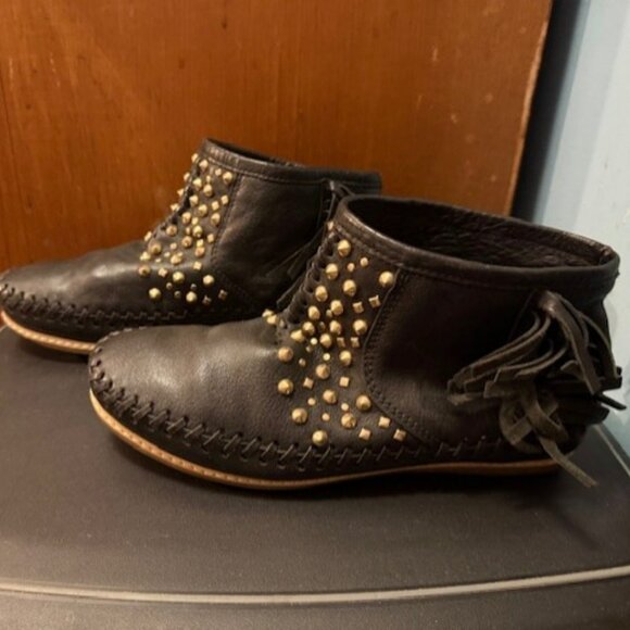 Vintage black leather studded fringe moccasins ankle booties - EU 37 - Picture 11 of 16